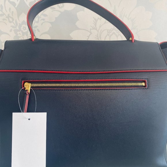 CELINE PARIS Navy / Red Trimmed Leather Bag/Satchel w/ Flap & Strap Detail - Picture 4 of 9